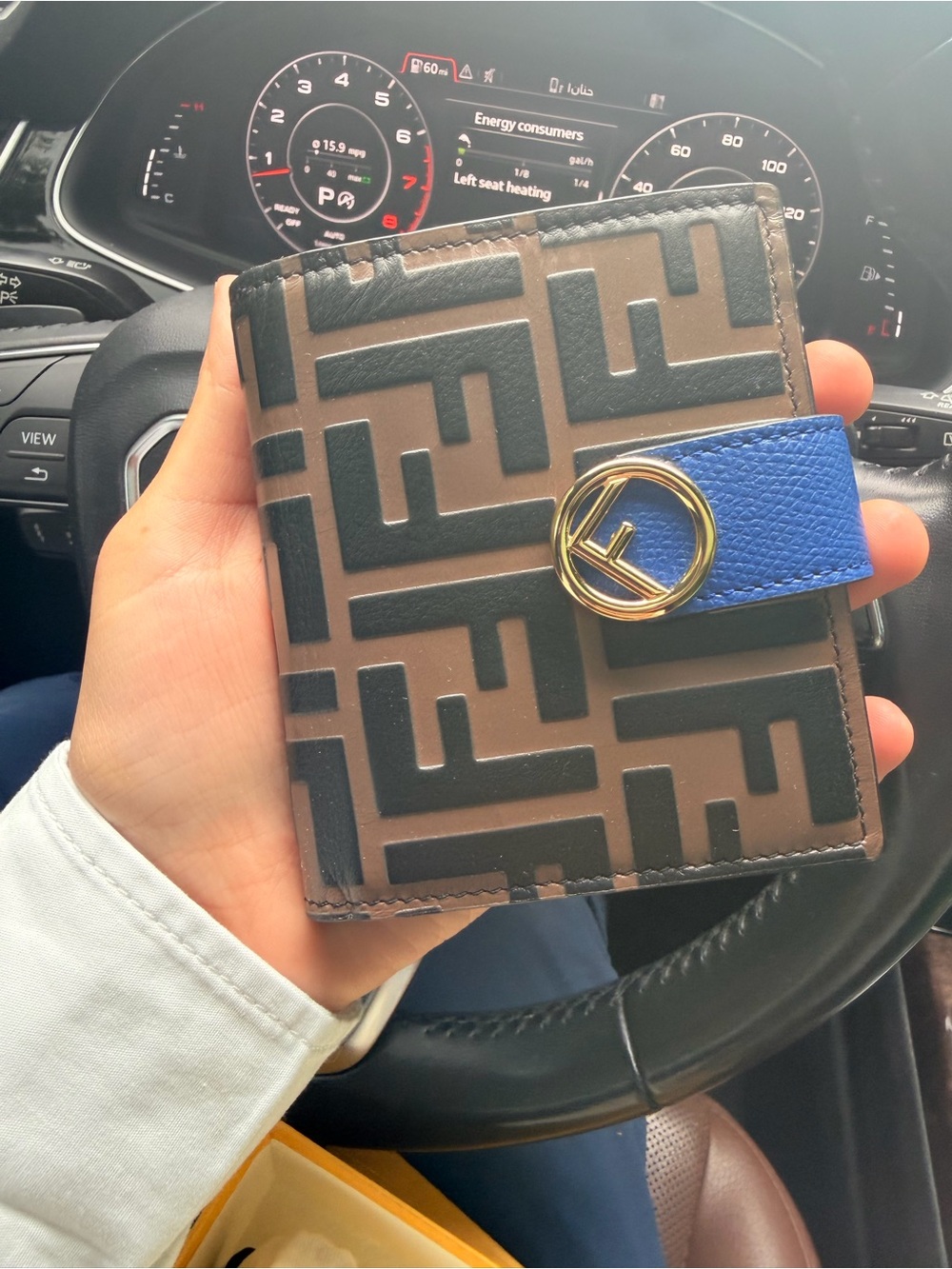 Fendi Brown & Black Monogram Card Holder with Blue Strap and Gold Logo